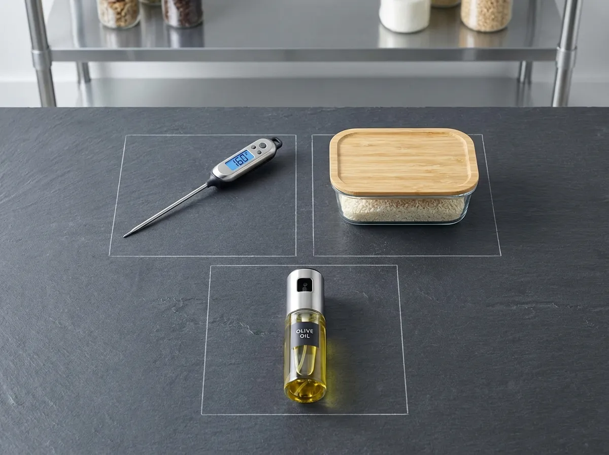 A digital instant-read thermometer, a glass meal prep container, and a manual oil mister on a clean kitchen counter.