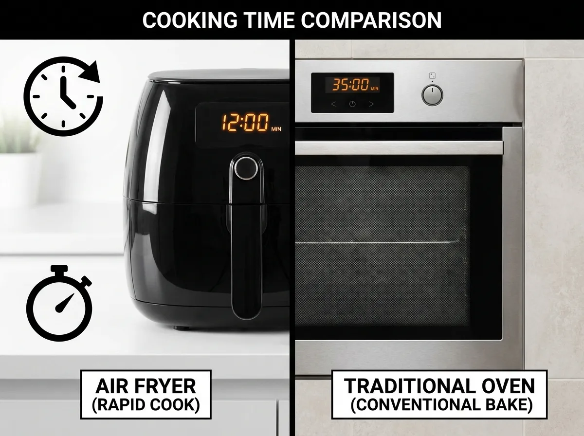 A split visual showing a stopwatch next to an air fryer and a traditional oven to illustrate time efficiency.