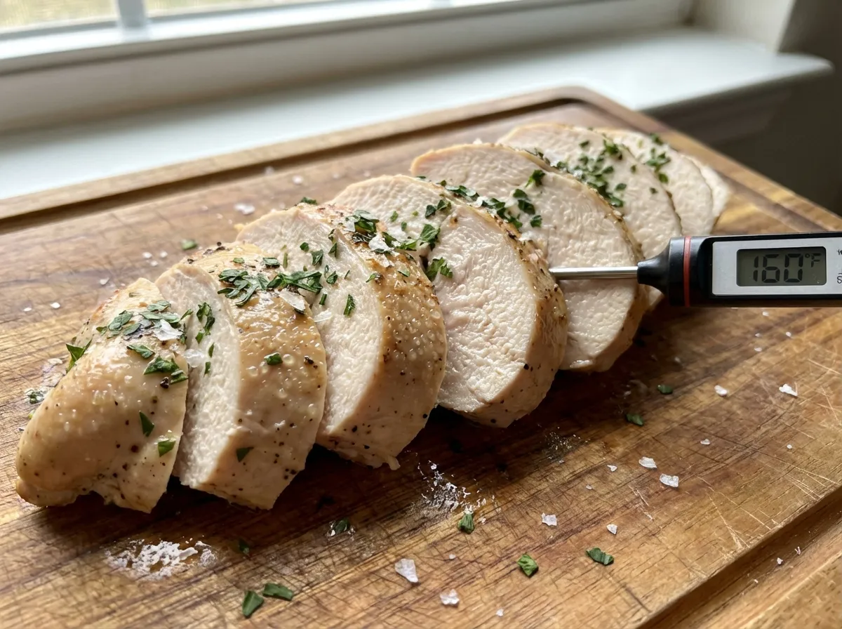 Close-up of sliced chicken breast on a wooden board showing the 160-degree pull rule results.