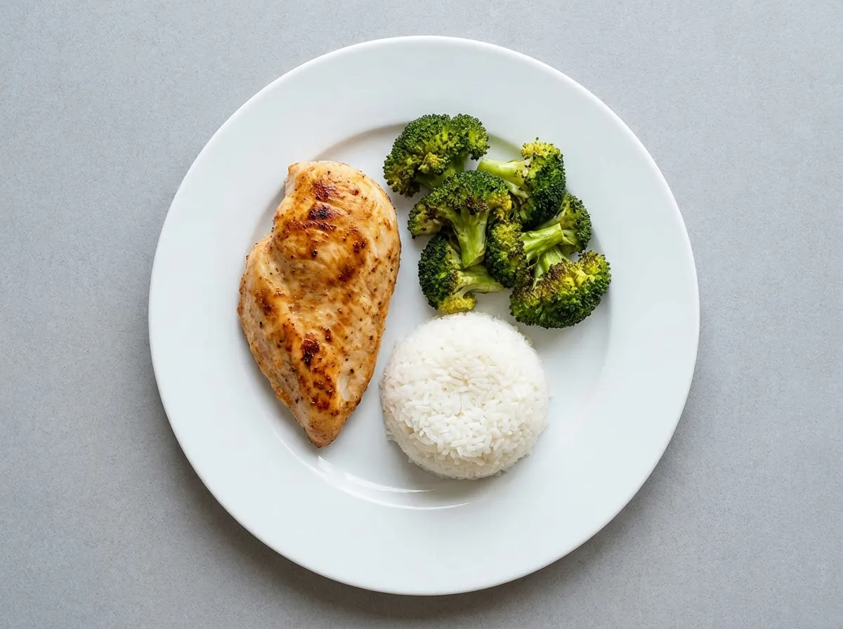 A plated meal featuring air-fried chicken, roasted broccoli, and white rice for balanced macros.