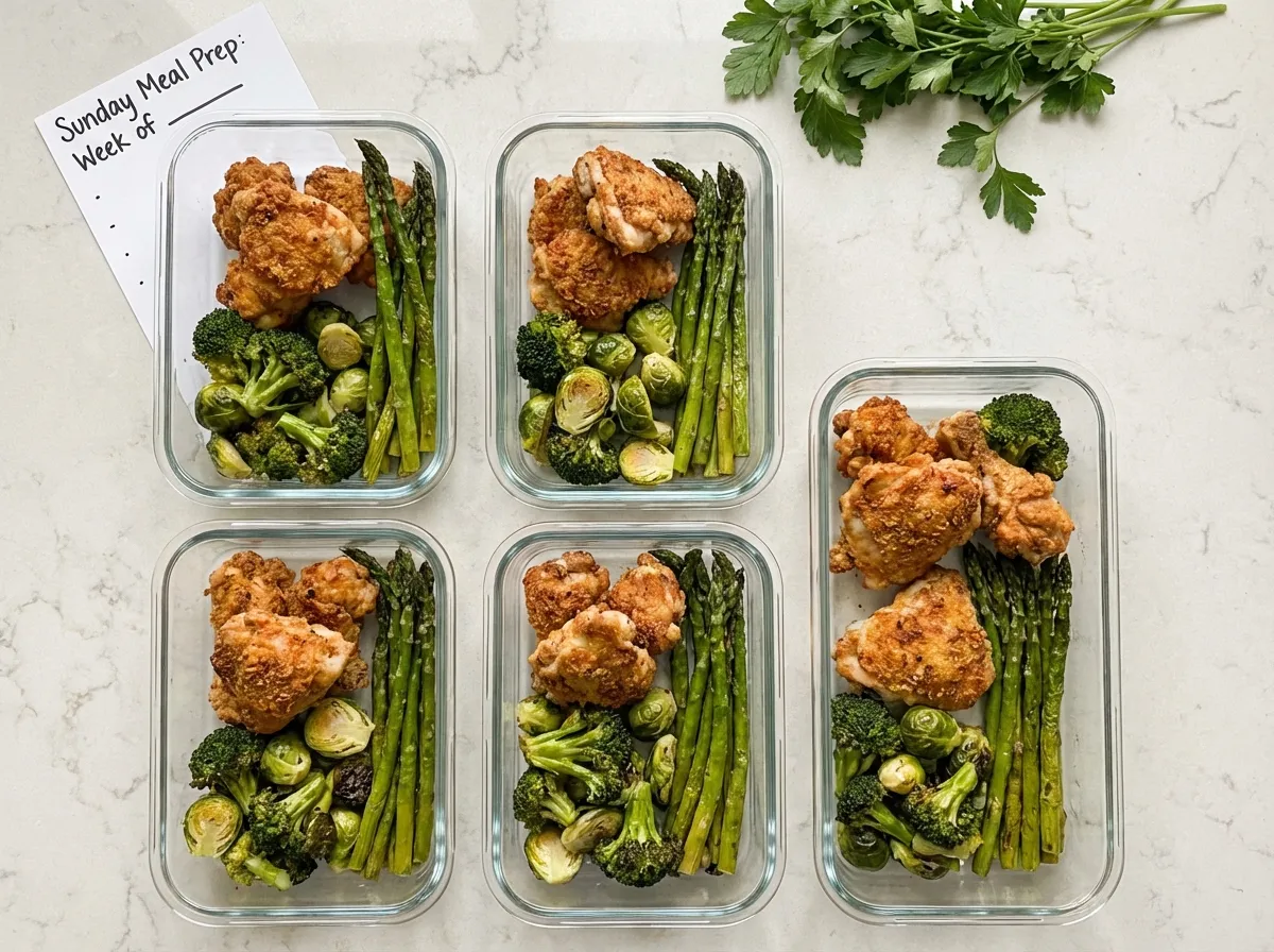 A grid of five glass meal prep containers filled with air-fried proteins and vegetables.