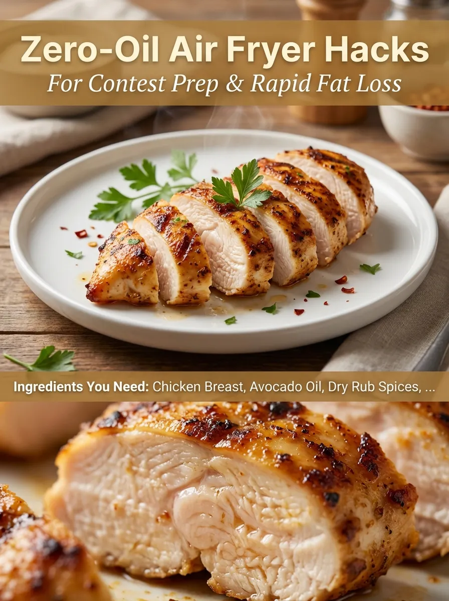 Pinterest editorial graphic for air fryer fat loss hacks and contest prep.