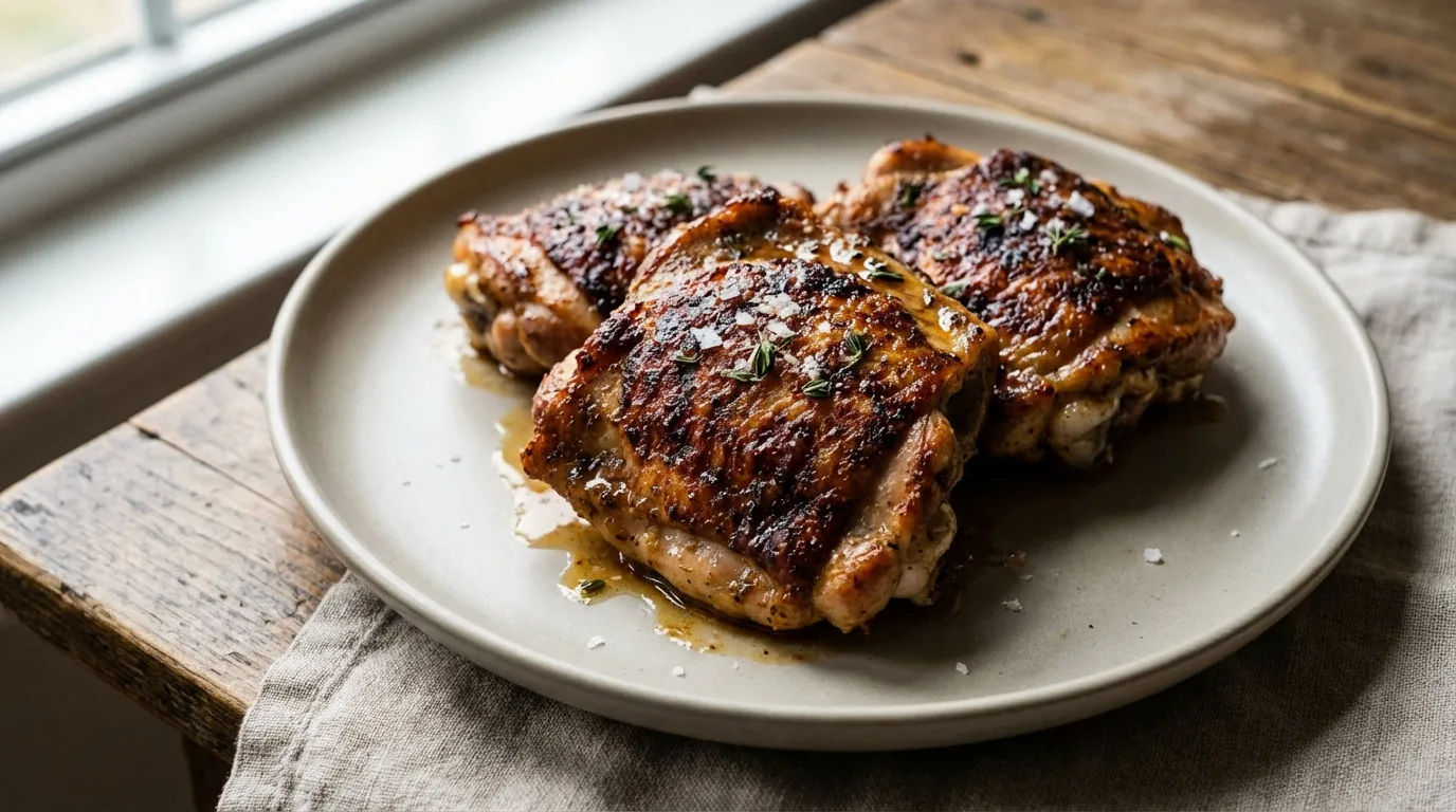 Close-up of crispy golden-brown air fried chicken thighs with smoked paprika rub on a matte slate plate.