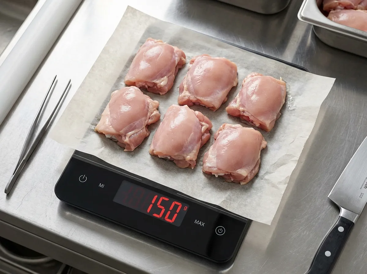 Raw chicken thighs being weighed on a modern digital kitchen scale to ensure 150g macro accuracy.