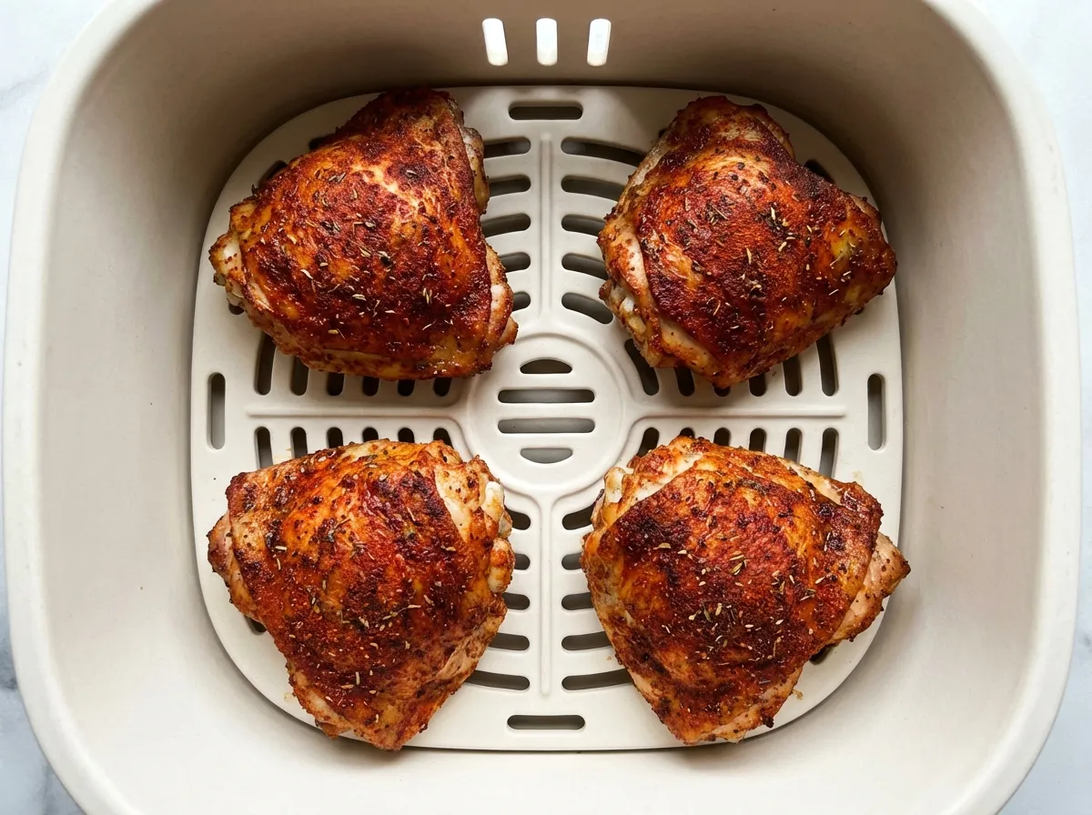 Four seasoned chicken thighs arranged in a single layer with space between them inside a ceramic air fryer basket.
