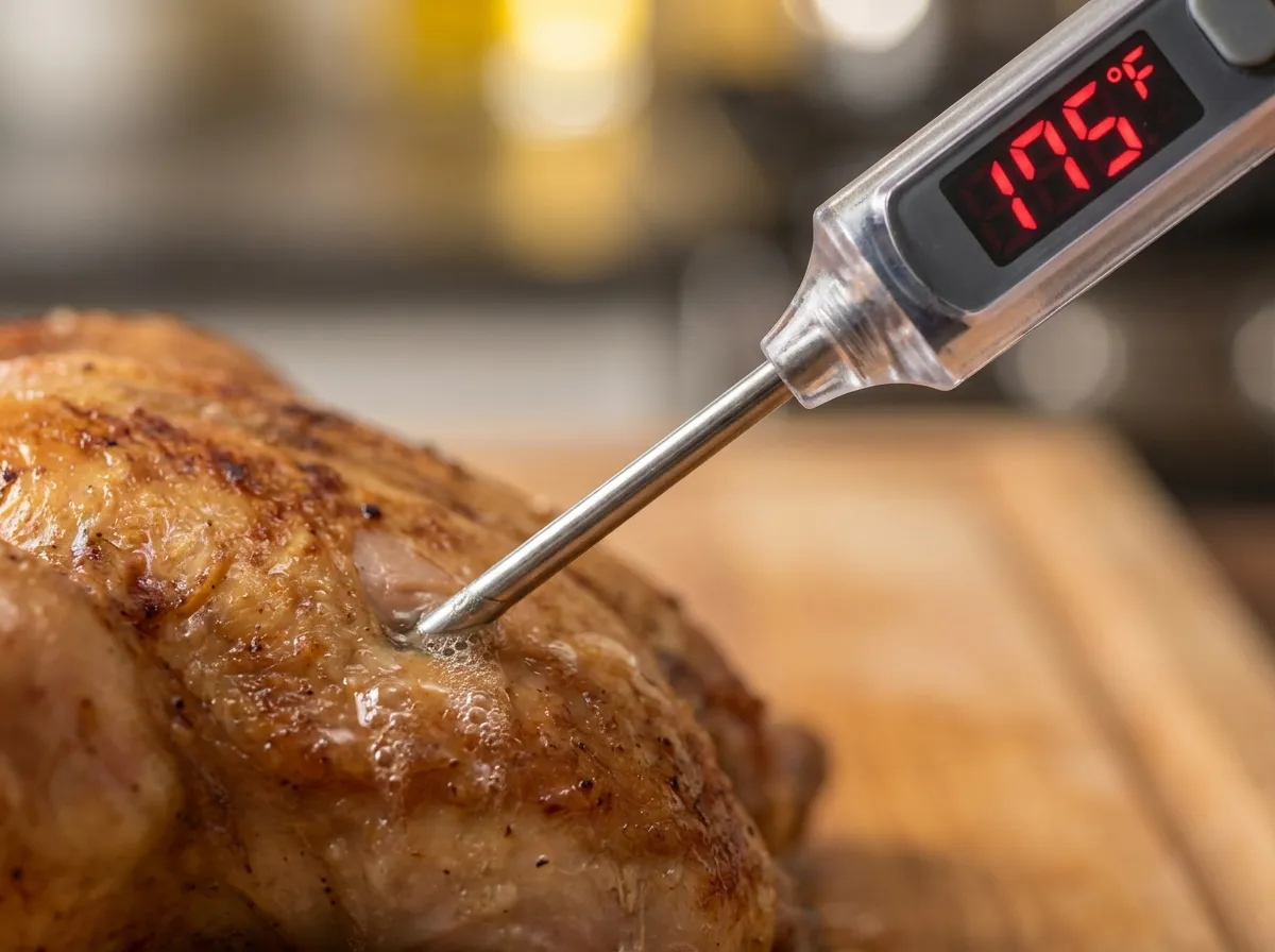 A digital meat thermometer inserted into a juicy chicken thigh showing a reading of 175 degrees Fahrenheit.