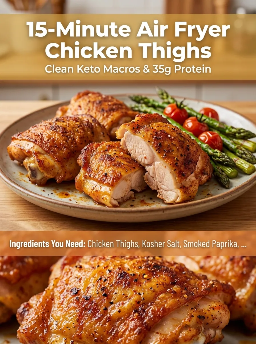 Pinterest pin for 15-Minute Air Fryer Chicken Thighs with macro info and ingredient list.