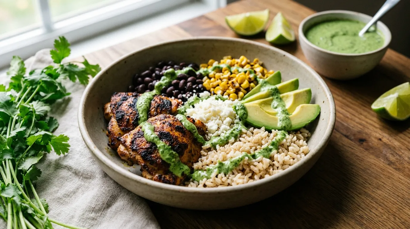High-protein chicken burrito bowl with seared chicken, brown rice, and creamy cilantro sauce drizzle in a macro texture-focused shot.