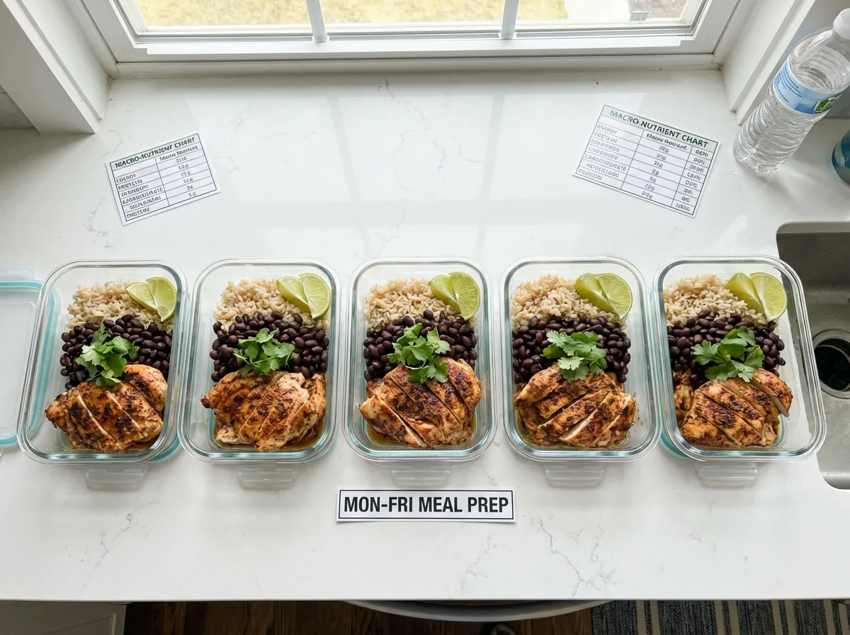 Five glass meal prep containers filled with chicken burrito bowls arranged in a neat row for weekly planning.