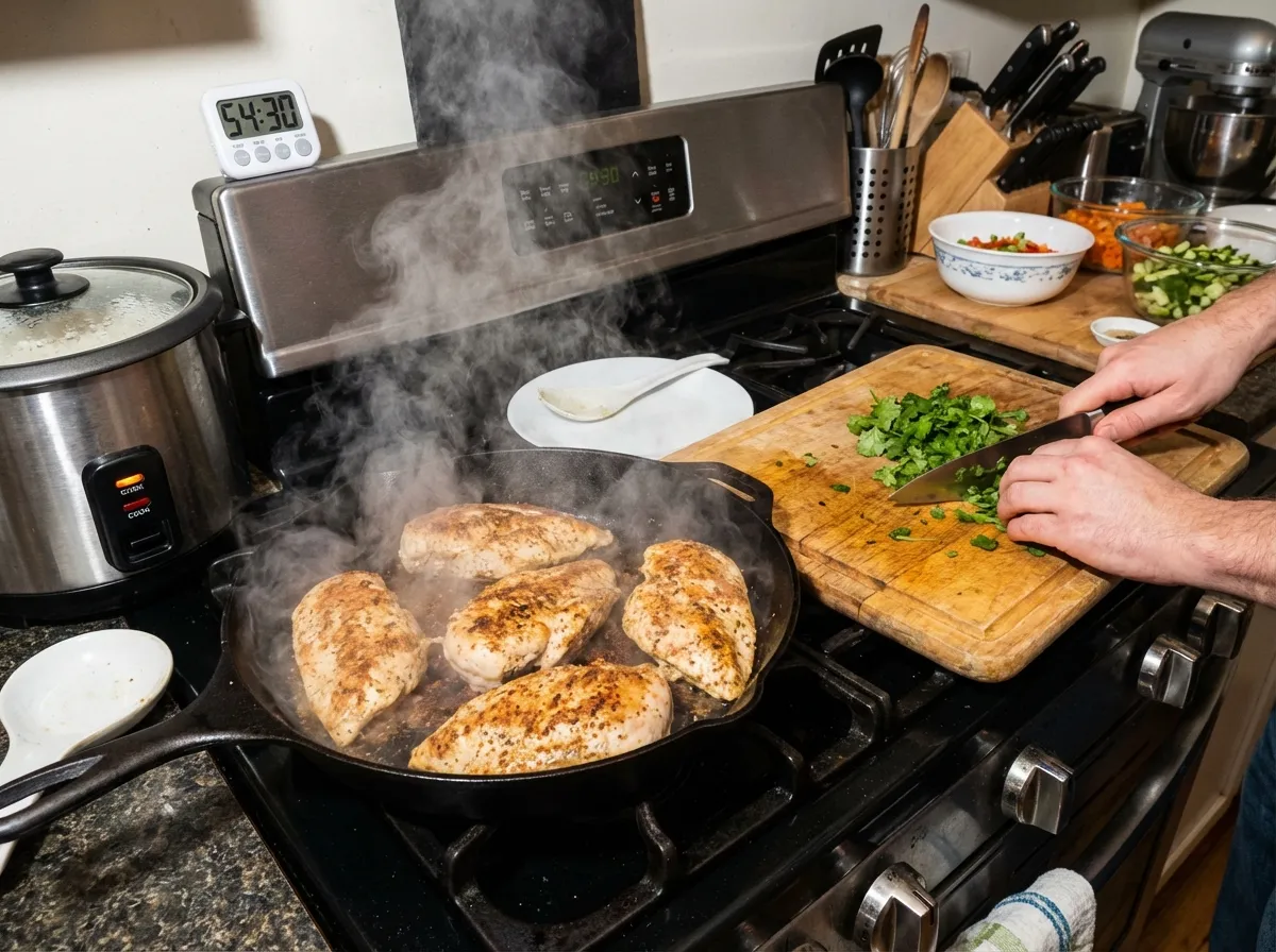 Parallel cooking workflow featuring chicken searing in a skillet and a rice cooker in the background.