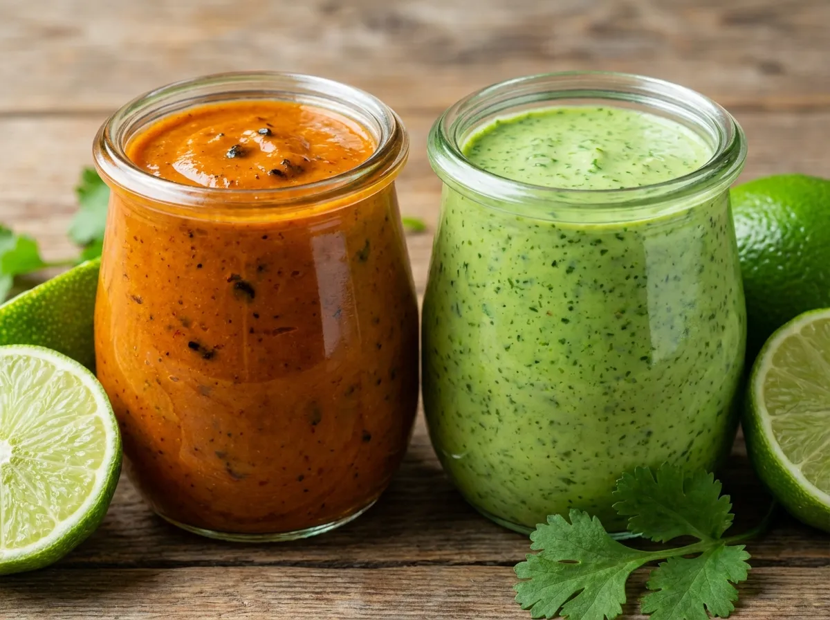 Two small glass jars containing orange chipotle lime sauce and green creamy cilantro sauce.