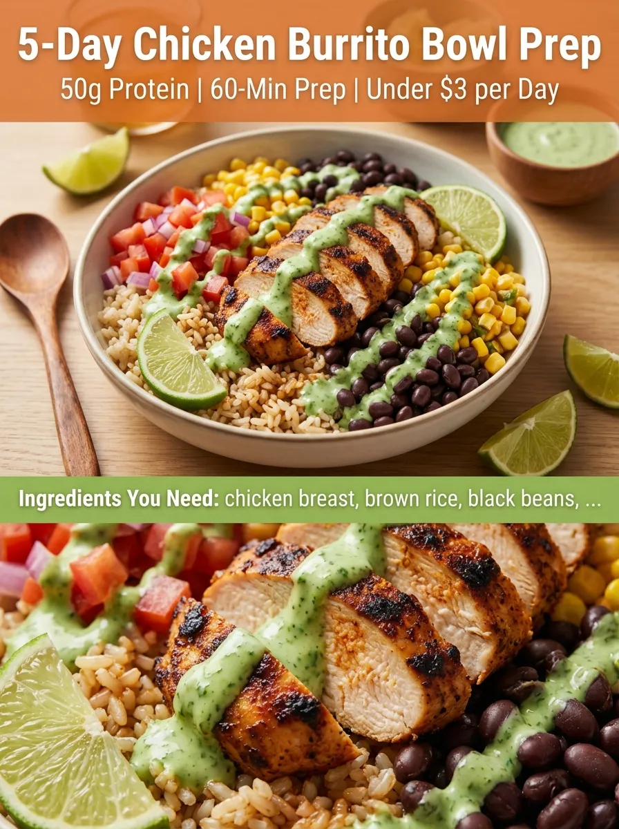 Pinterest pin for 5-Day Chicken Burrito Bowl Prep with 50g protein per container.