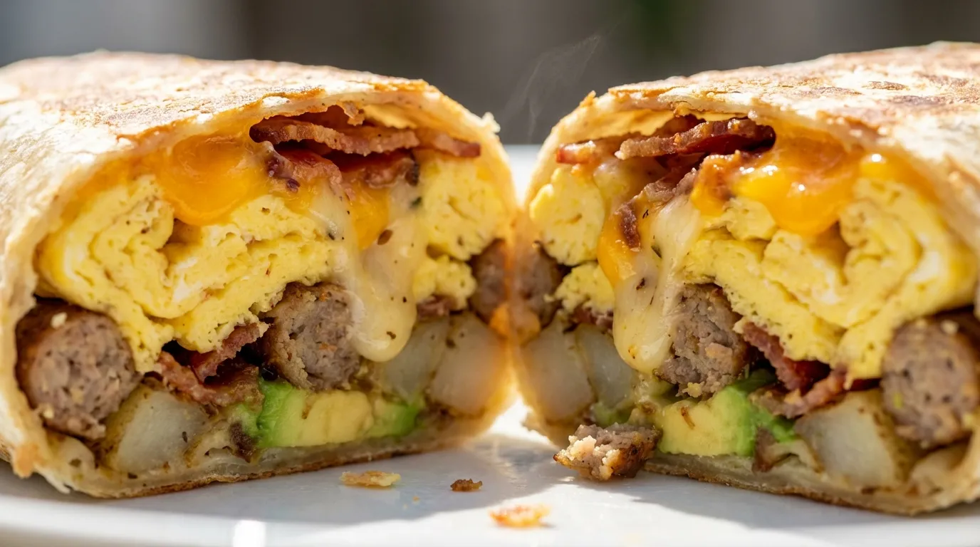 Close-up macro photography of a sliced high-protein breakfast burrito showing seared turkey, fluffy eggs, and melted cheese textures.