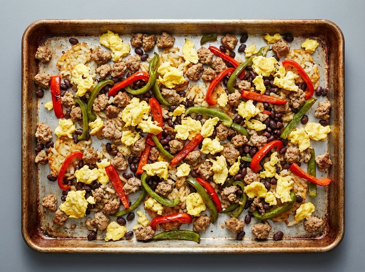 Cooked ground turkey, scrambled egg whites, and sautéed vegetables spread out on a rimmed baking sheet for cooling.