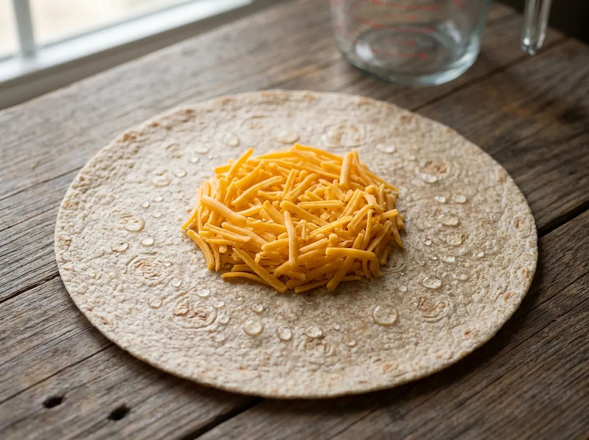 Close-up of shredded cheese placed directly on a high-fiber tortilla as a moisture barrier before adding eggs.
