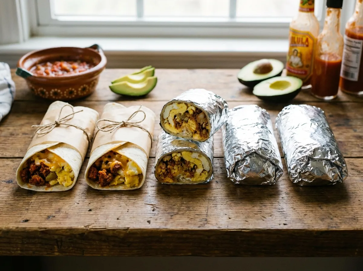 Breakfast burritos individually wrapped in white parchment paper next to a stack of foil-wrapped burritos.