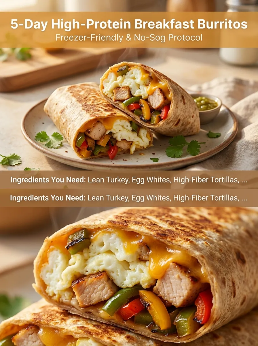Pinterest pin for 5-Day High-Protein Breakfast Burritos showing a cross-section of the meal and ingredient list.