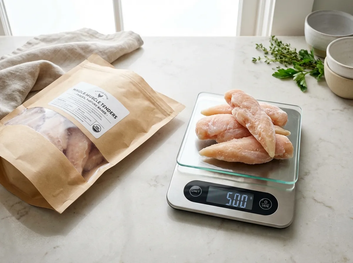 Comparison of whole-muscle frozen chicken tenders versus processed nuggets on a digital food scale.