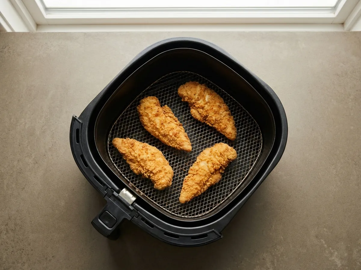 Frozen chicken tenders arranged in a single layer inside an air fryer basket with visible 0.5-inch gaps.