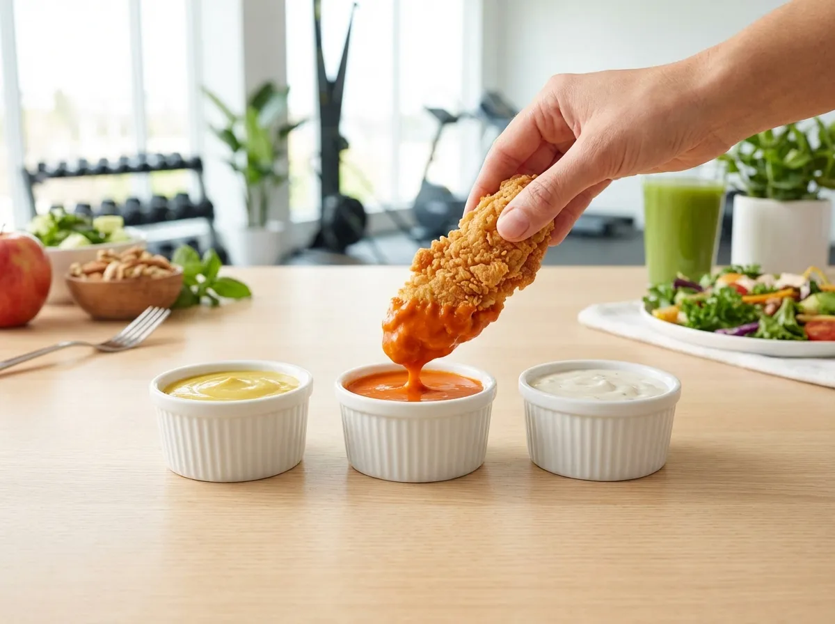 Three small bowls of high-protein dipping sauces: Spicy Buffalo, Honey-Mustard, and Zesty Garlic.