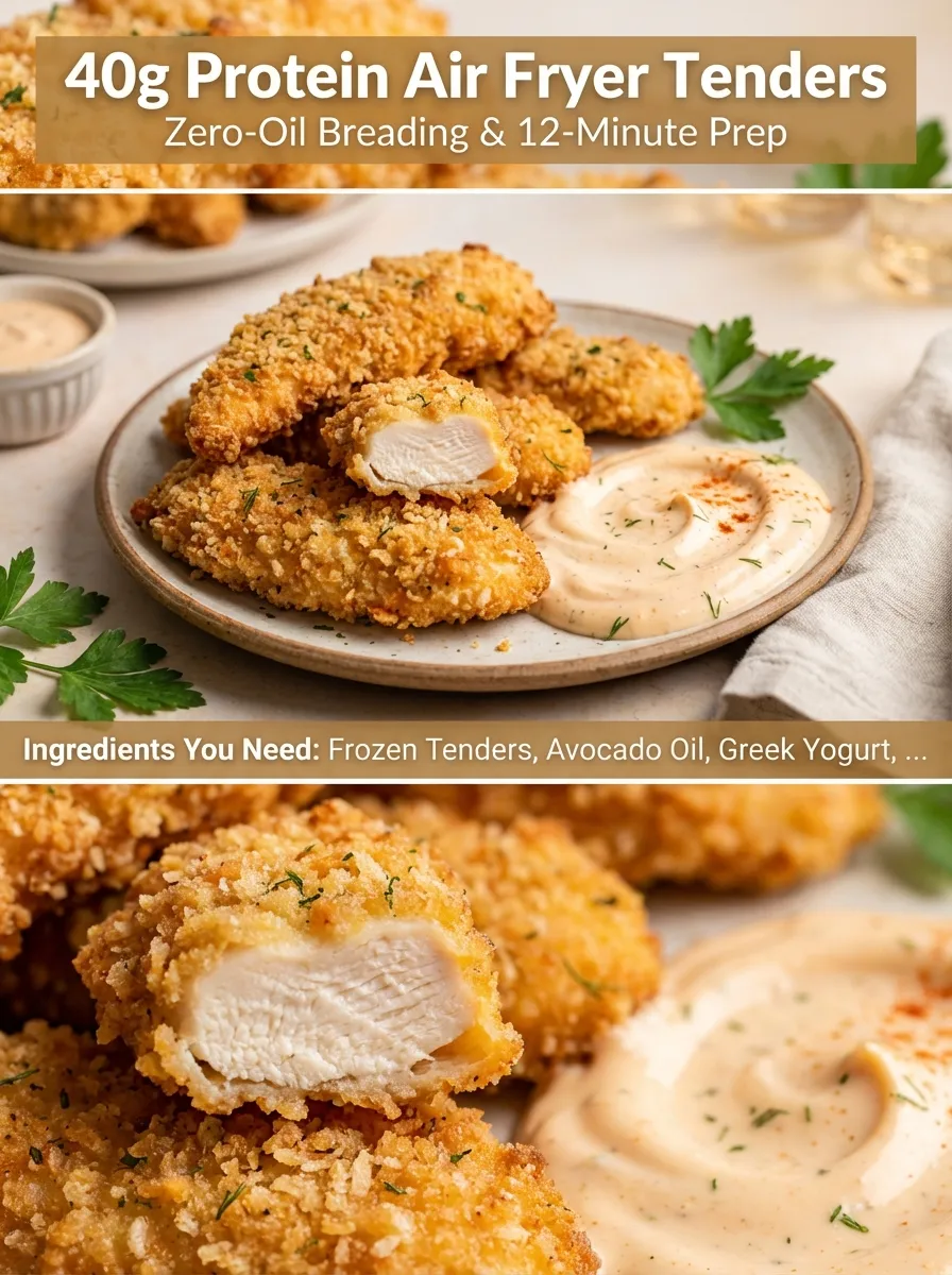Pinterest pin for High-Protein Air Fryer Chicken Tenders with macro details and ingredient list.