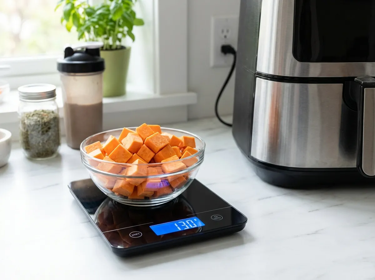Raw sweet potato cubes being weighed on a digital food scale for macro tracking.