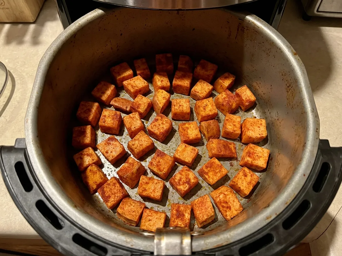 Seasoned sweet potato cubes arranged in a single layer inside a black air fryer basket.