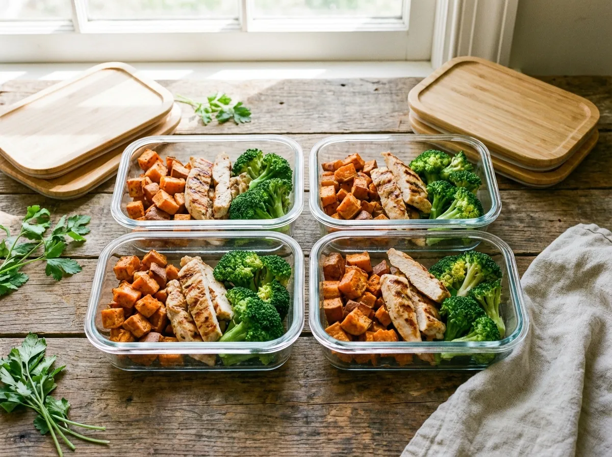 Glass meal prep containers filled with air-fried sweet potato cubes and lean grilled chicken breast.