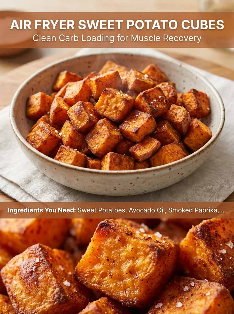 Pinterest pin for Air Fryer Sweet Potato Cubes for clean carb loading.