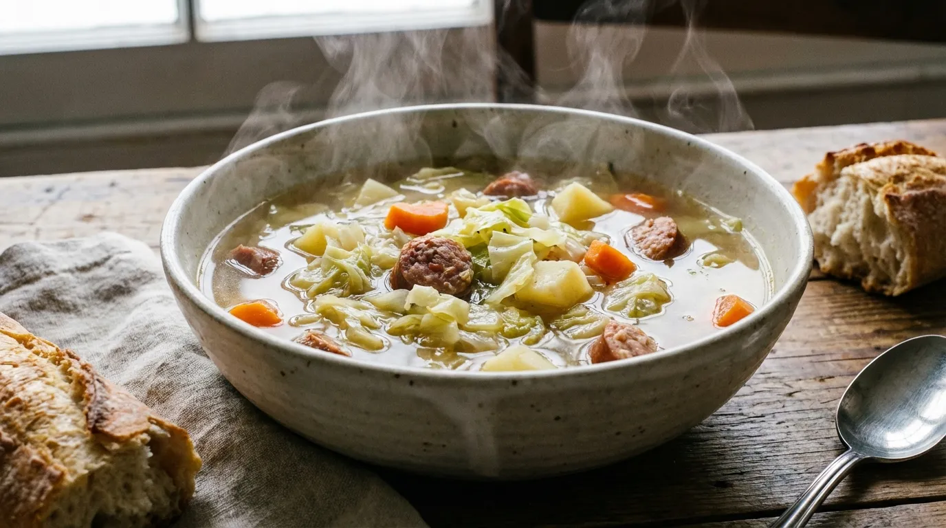 Close-up macro photography of a steaming bowl of high-fiber cabbage soup with translucent cabbage ribbons and golden bone broth.