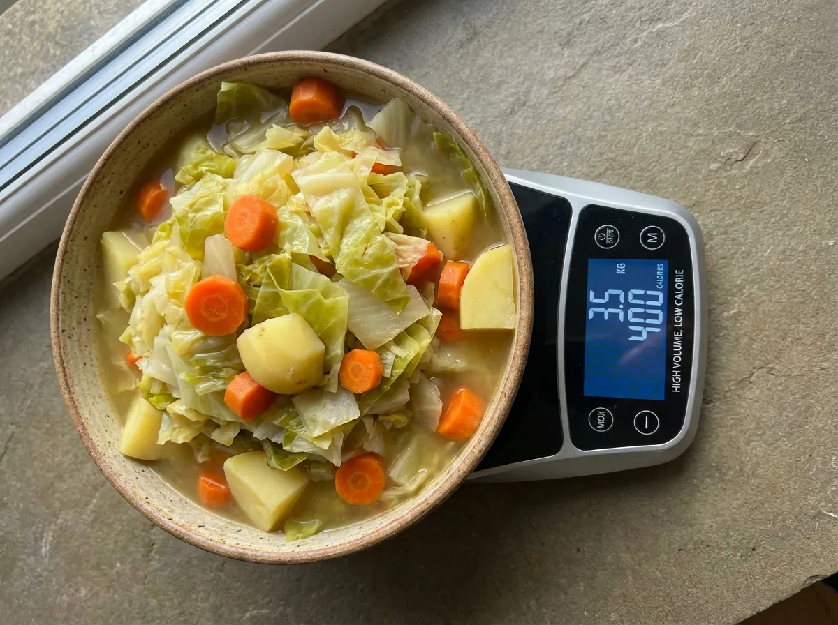 A large soup tureen filled with cabbage soup to demonstrate the mechanical volume of the recipe.
