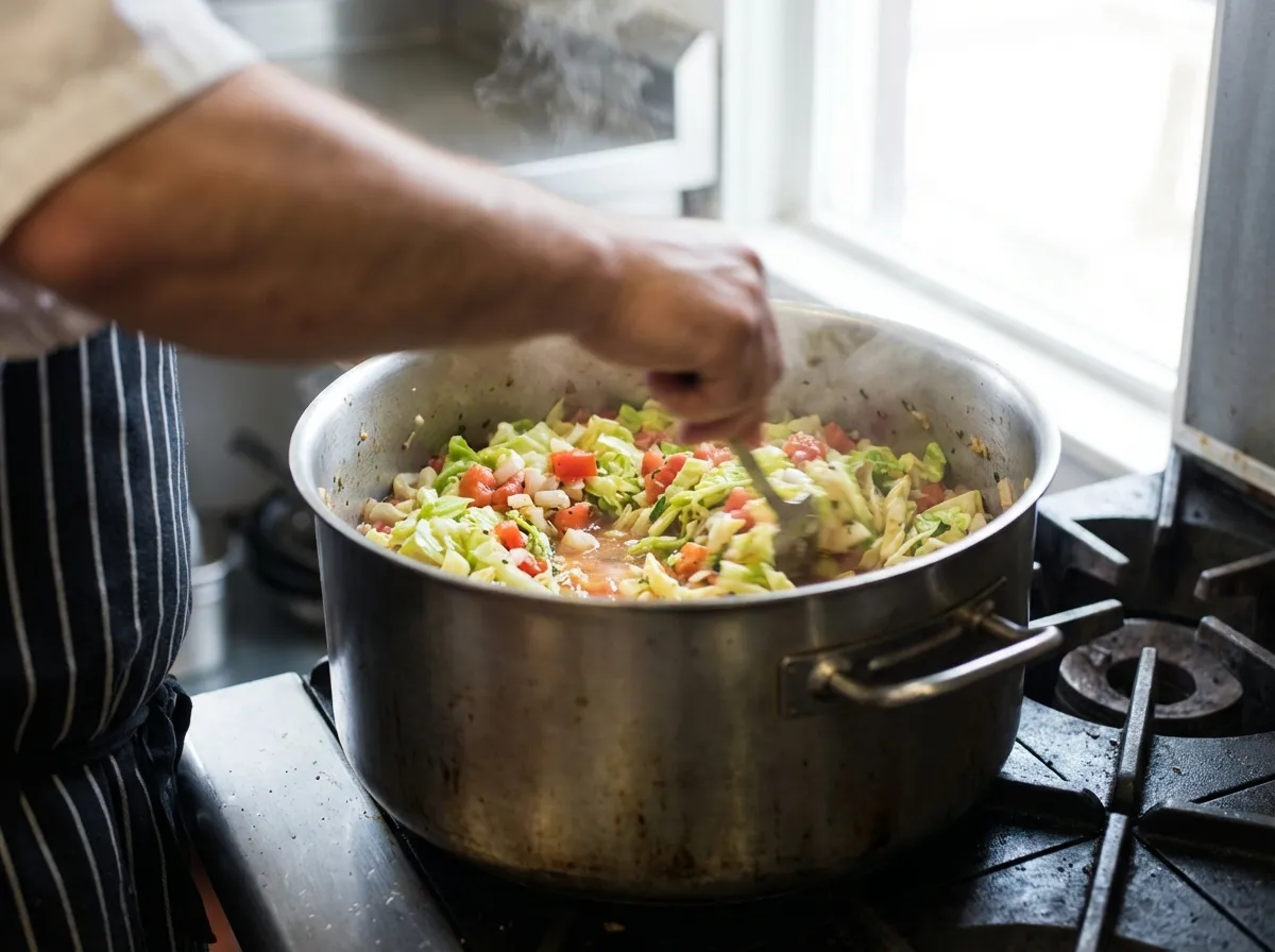 A heavy-bottomed stainless steel stockpot with sautéed onions, carrots, and chopped cabbage being stirred with a wooden spoon.