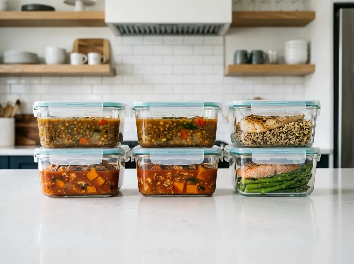 Five borosilicate glass meal prep containers filled with cabbage soup and topped with shredded chicken breast.