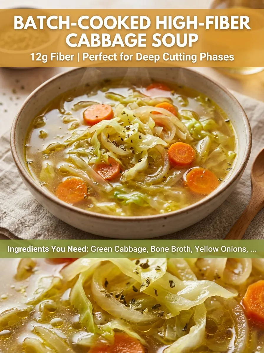 Pinterest editorial graphic for Batch-Cooked High-Fiber Cabbage Soup.