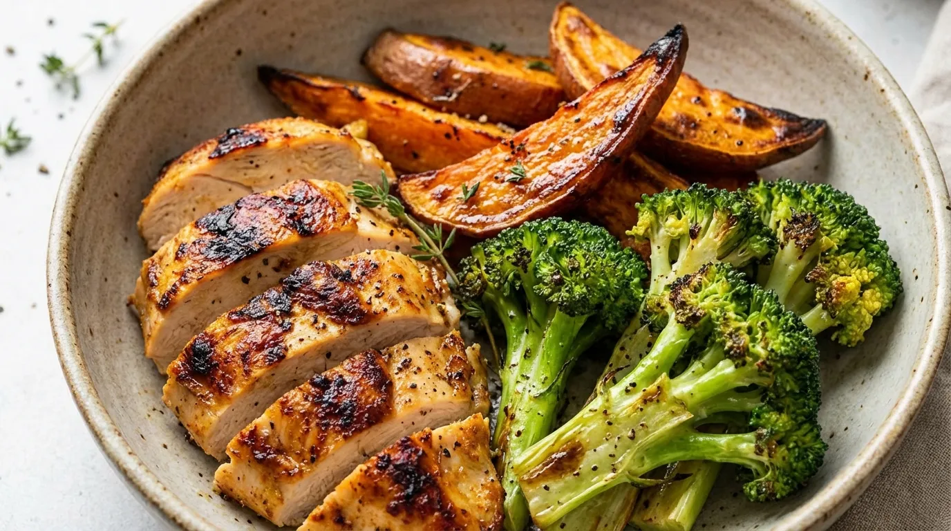 High-angle macro shot of roasted chicken breast cubes, charred broccoli florets, and caramelized sweet potatoes on a plate.
