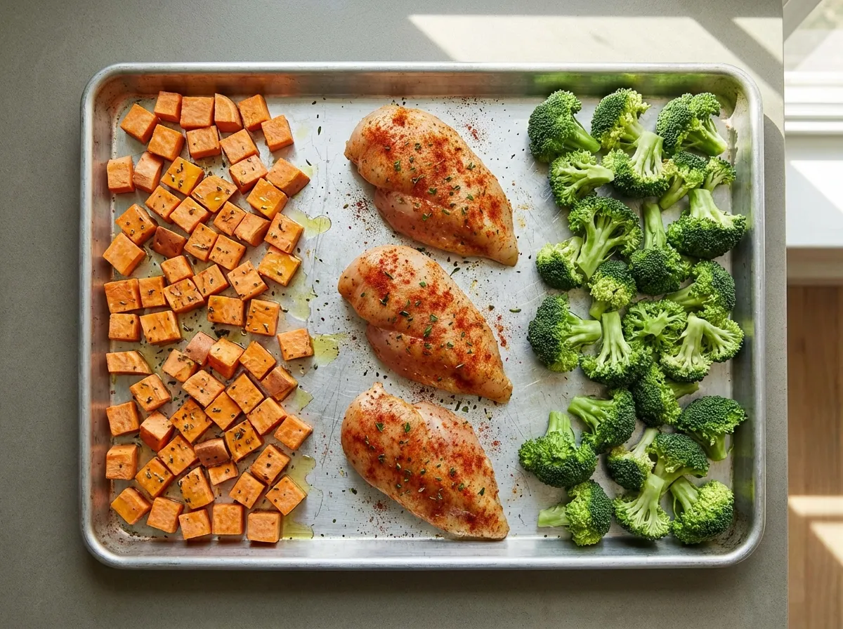 A heavy-gauge aluminum sheet pan divided into sections with chicken, sweet potatoes, and broccoli at different stages of roasting.