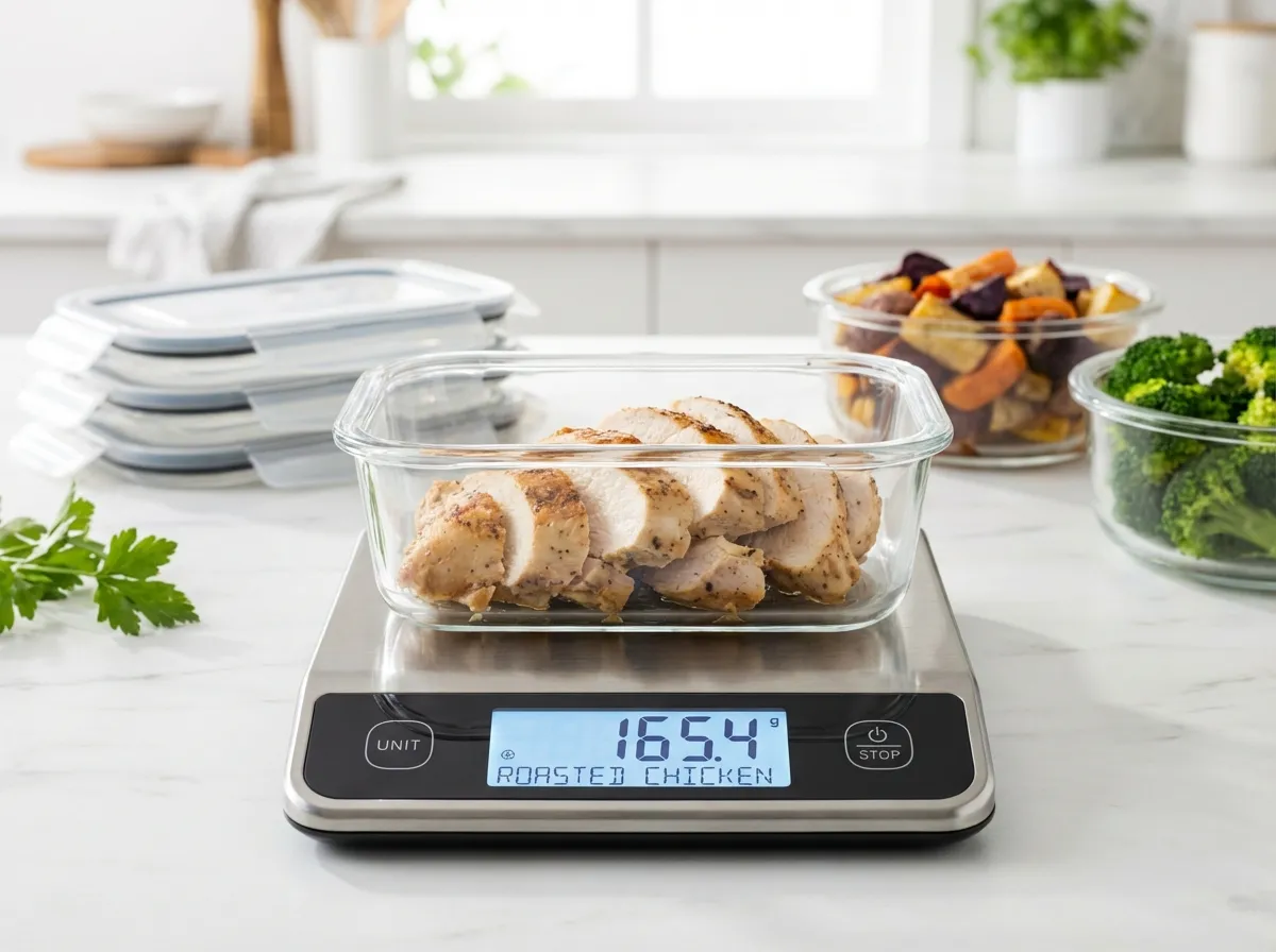 A digital food scale with a glass meal prep container being filled with weighed portions of roasted chicken and sweet potatoes.
