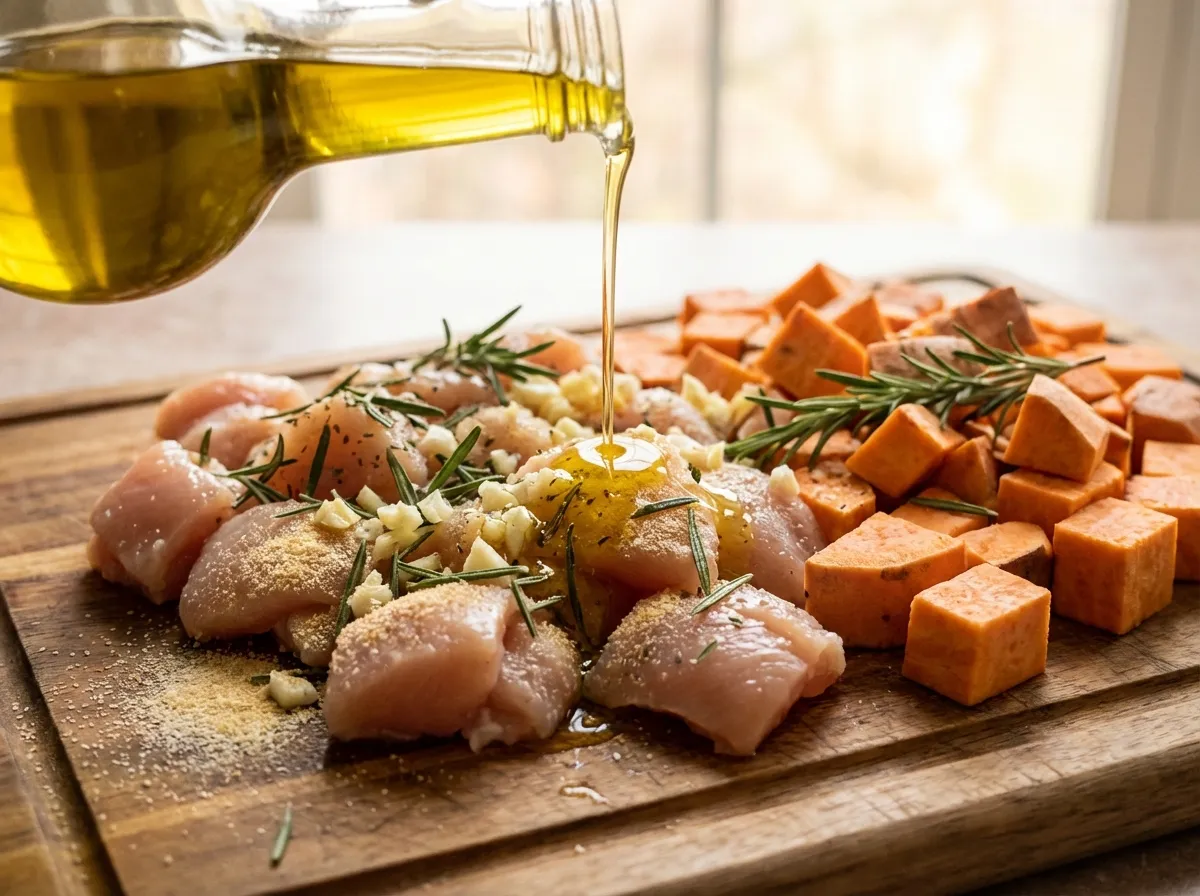 A glass bowl containing raw chicken and vegetables being tossed with avocado oil, rosemary sprigs, and coarse sea salt.
