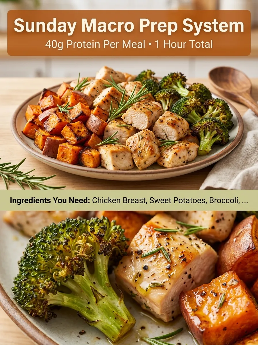 Pinterest graphic for Sunday Macro Prep System showing roasted meal prep containers and bold text overlays.