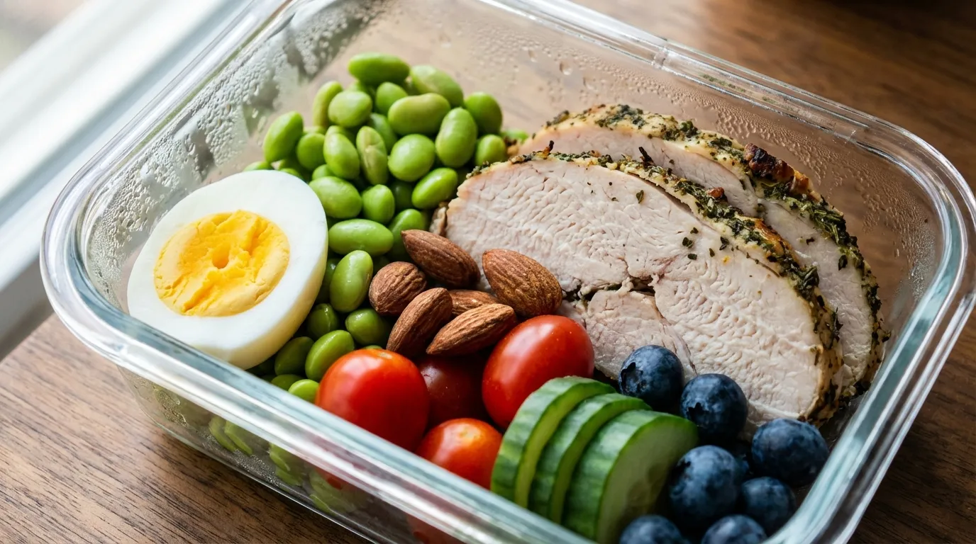 extreme close-up of a macro-balanced snack box featuring rolled deli turkey, hard-boiled eggs, and vibrant edamame.
