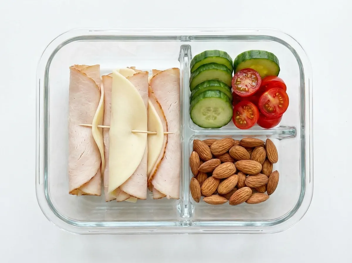 top-down view of a three-compartment glass bento box showing the 30-10-10 macro ratio.