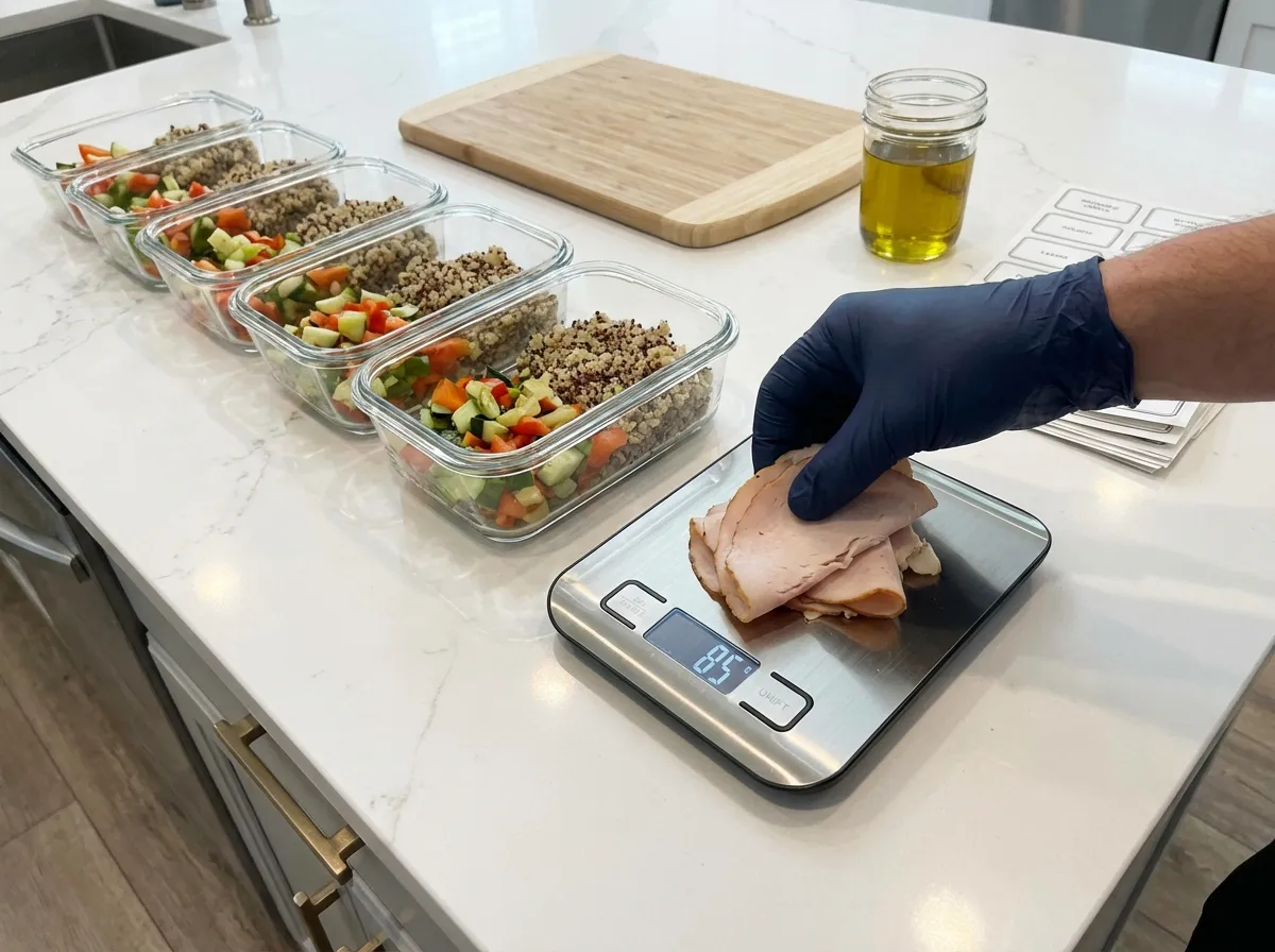an assembly line of five glass meal prep containers on a kitchen counter with a digital scale.