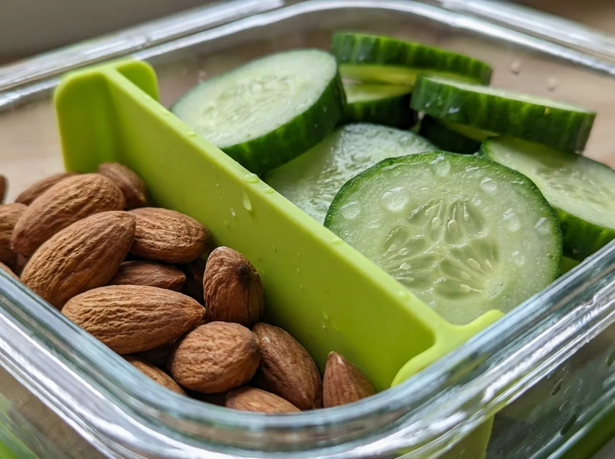 close-up of colorful silicone dividers inside a glass container separating moist cucumbers from dry nuts.