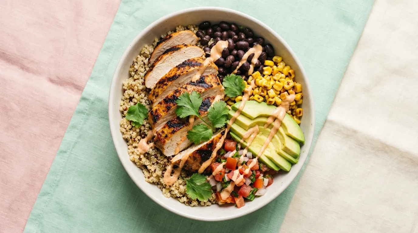 Top-down macro shot of a chicken burrito bowl with seared chicken, brown rice, and vibrant sauce drizzles on a pastel surface.