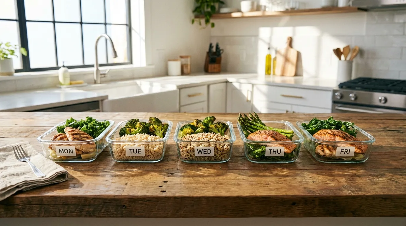 High-protein meal prep containers with grilled chicken, brown rice, and steamed broccoli arranged on a clean kitchen counter.