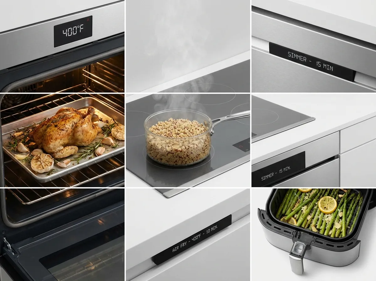 A kitchen split-view showing chicken in the oven, rice on the stove, and vegetables in the air fryer simultaneously.