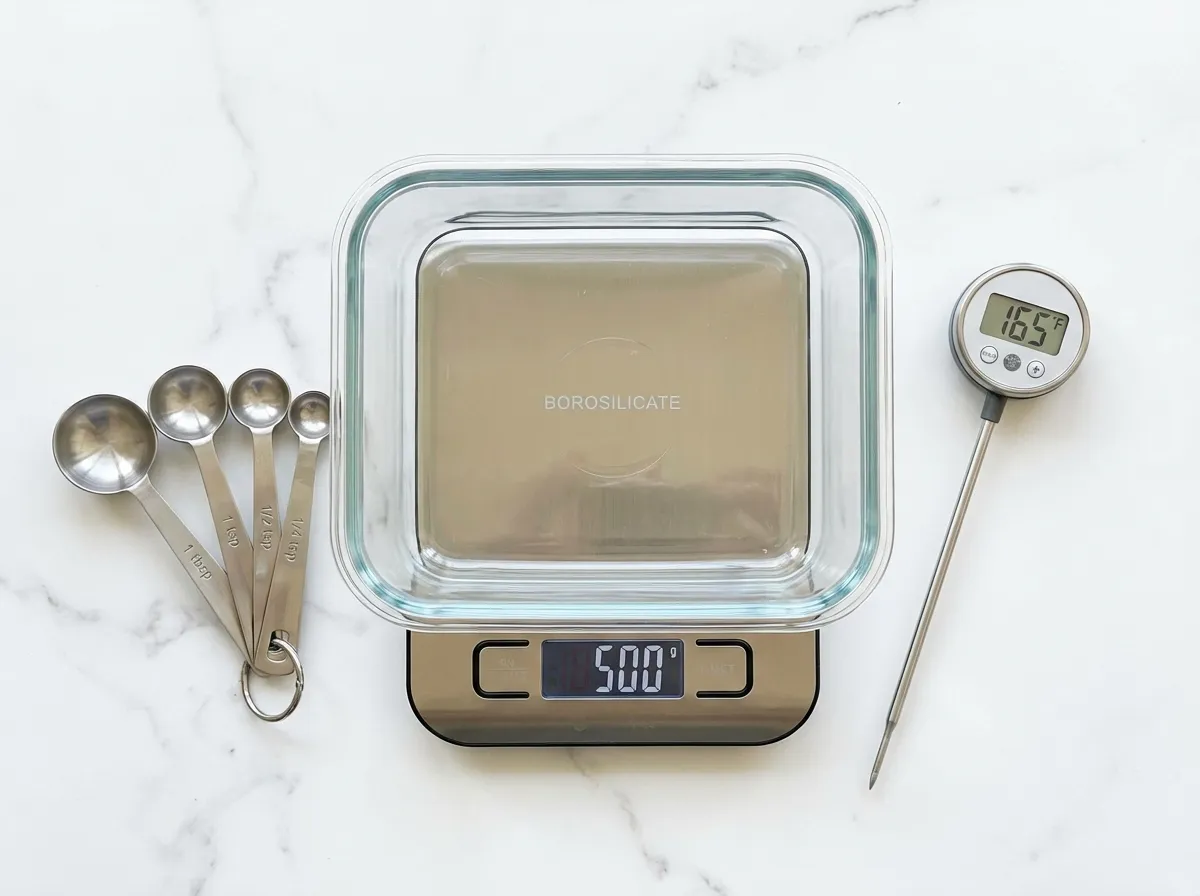 A sleek digital food scale showing a precise gram measurement for a cooked chicken breast in a glass container.