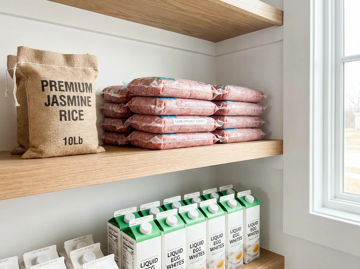 Bulk grocery items including a large bag of rice, a multi-pack of ground turkey, and a flat of eggs showing budget efficiency.