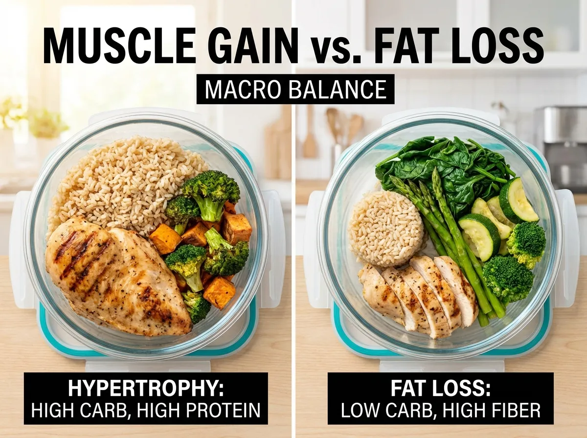 Side-by-side comparison of two meal prep bowls: one high-carb for hypertrophy and one high-fiber for fat loss.