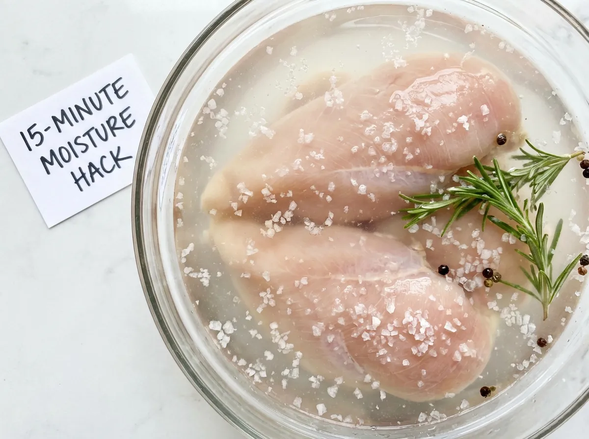 Raw chicken breasts submerged in a clear glass bowl of salt water brine with peppercorns.